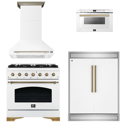 FORNO Espresso Package - 36" Gas Range, Range Hood, 60" Refrigerator, Microwave in White with Antique Brass Accents