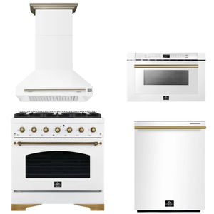 FORNO Espresso Package - 36" Gas Range, Range Hood, Dishwasher, Microwave in White with Antique Brass Accents