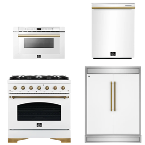 FORNO Espresso Package - 36" Gas Range, 60" Refrigerator, Dishwasher, Microwave in White with Antique Brass Accents