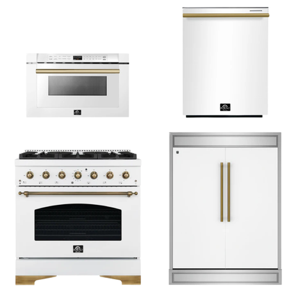 FORNO Espresso Package - 36" Gas Range, 60" Refrigerator, Dishwasher, Microwave in White with Antique Brass Accents