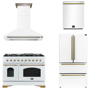 FORNO Espresso Package - 48" Gas Range, Range Hood, 36" Refrigerator, Dishwasher in White with Antique Brass Accents