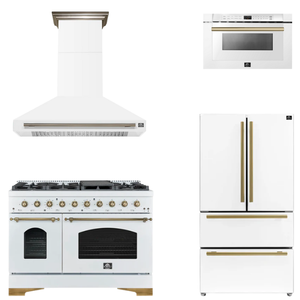 FORNO Espresso Package - 48" Gas Range, Range Hood, 36" Refrigerator, Microwave in White with Antique Brass Accents
