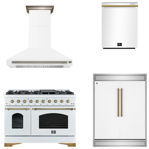 FORNO Espresso Package - 48" Gas Range, Range Hood, 60" Refrigerator, Dishwasher in White with Antique Brass Accents