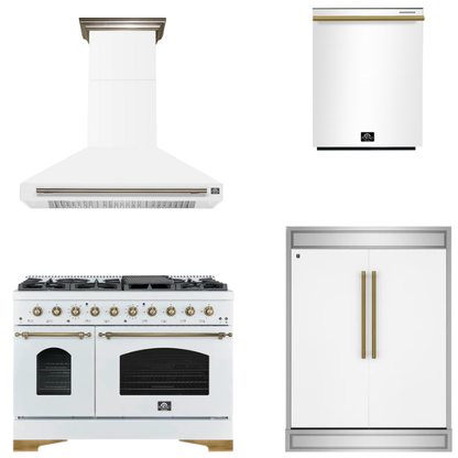 FORNO Espresso Package - 48" Gas Range, Range Hood, 60" Refrigerator, Dishwasher in White with Antique Brass Accents