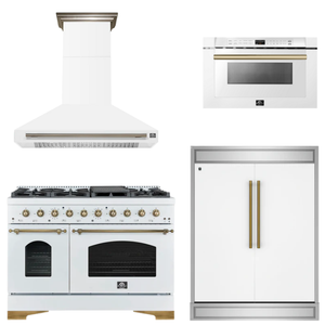 FORNO Espresso Package - 48" Gas Range, Range Hood, 60" Refrigerator, Microwave in White with Antique Brass Accents