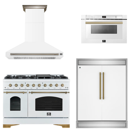 FORNO Espresso Package - 48" Gas Range, Range Hood, 60" Refrigerator, Microwave in White with Antique Brass Accents