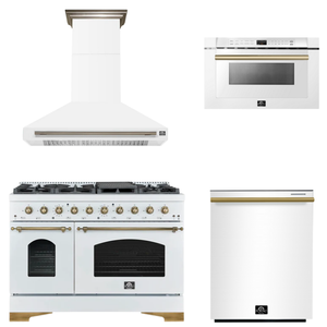 FORNO Espresso Package - 48" Gas Range, Range Hood, Dishwasher, Microwave in White with Antique Brass Accents
