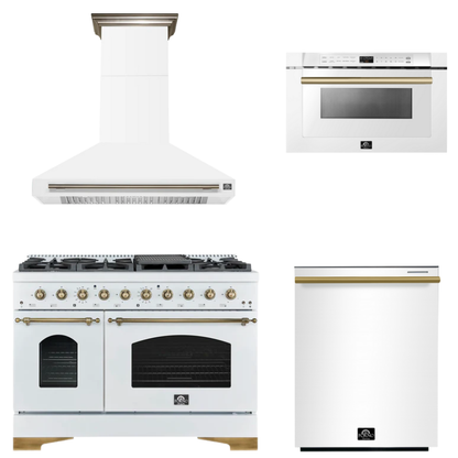 FORNO Espresso Package - 48" Gas Range, Range Hood, Dishwasher, Microwave in White with Antique Brass Accents
