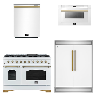 FORNO Espresso Package - 48" Gas Range, 60" Refrigerator, Dishwasher, Microwave in White with Antique Brass Accents
