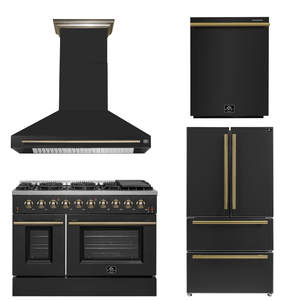 FORNO Appliance Package - 48" Gas Range, Range Hood, 36" Refrigerator, Dishwasher in Black with Antique Brass Accents