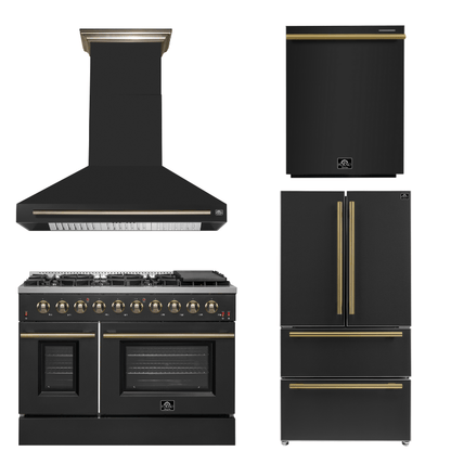 FORNO Appliance Package - 48" Gas Range, Range Hood, 36" Refrigerator, Dishwasher in Black with Antique Brass Accents
