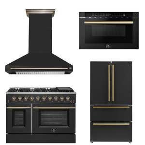 FORNO Appliance Package - 48" Gas Range, Range Hood, 36" Refrigerator, Microwave in Black with Antique Brass Accents