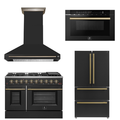 FORNO Appliance Package - 48" Gas Range, Range Hood, 36" Refrigerator, Microwave in Black with Antique Brass Accents
