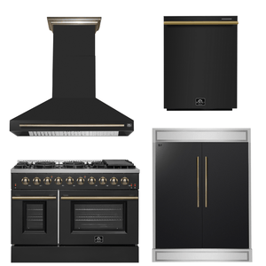 FORNO Appliance Package - 48" Gas Range, Range Hood, 60" Refrigerator, Dishwasher in Black with Antique Brass Accents