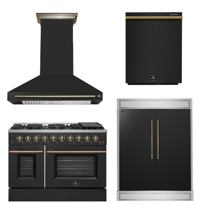 FORNO Appliance Package - 48" Gas Range, Range Hood, 60" Refrigerator, Dishwasher in Black with Antique Brass Accents
