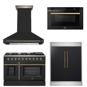 FORNO Appliance Package - 48" Gas Range, Range Hood, 60" Refrigerator, Microwave in Black with Antique Brass Accents