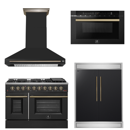 FORNO Appliance Package - 48" Gas Range, Range Hood, 60" Refrigerator, Microwave in Black with Antique Brass Accents