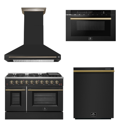 FORNO Appliance Package - 48" Gas Range, Range Hood, Dishwasher, Microwave in Black with Antique Brass Accents