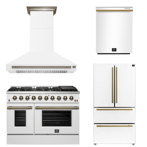 FORNO Appliance Package - 48" Gas Range, Range Hood, 36" Refrigerator, Dishwasher in White with Antique Brass Accents