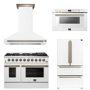 FORNO Appliance Package - 48" Gas Range, Range Hood, 36" Refrigerator, Microwave in White with Antique Brass Accents