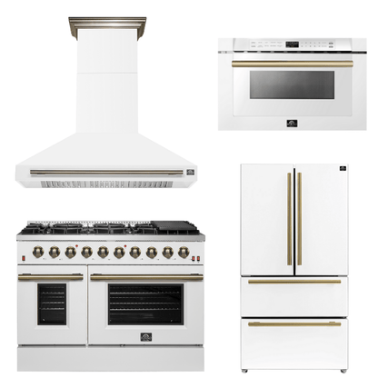 FORNO Appliance Package - 48" Gas Range, Range Hood, 36" Refrigerator, Microwave in White with Antique Brass Accents
