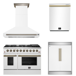 FORNO Appliance Package - 48" Gas Range, Range Hood, 60" Refrigerator, Dishwasher in White with Antique Brass Accents