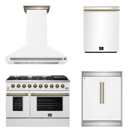 FORNO Appliance Package - 48" Gas Range, Range Hood, 60" Refrigerator, Dishwasher in White with Antique Brass Accents