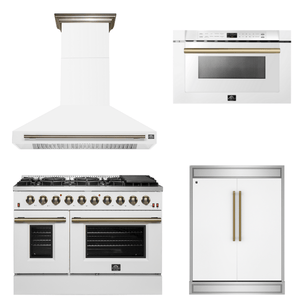 FORNO Appliance Package - 48" Gas Range, Range Hood, 60" Refrigerator, Microwave in White with Antique Brass Accents