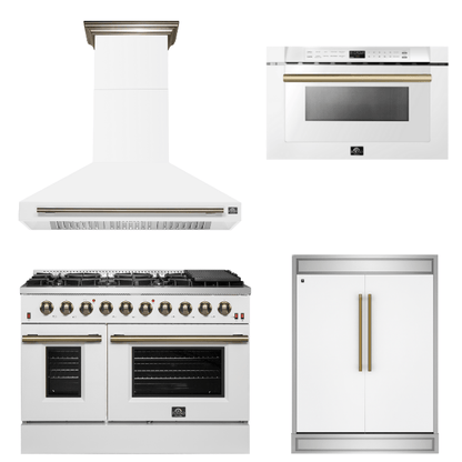 FORNO Appliance Package - 48" Gas Range, Range Hood, 60" Refrigerator, Microwave in White with Antique Brass Accents