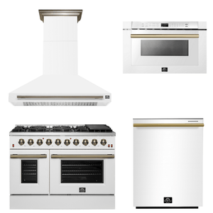 FORNO Appliance Package - 48" Gas Range, Range Hood, Dishwasher, Microwave in White with Antique Brass Accents