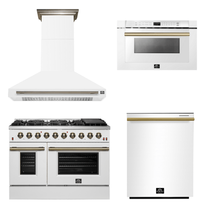 FORNO Appliance Package - 48" Gas Range, Range Hood, Dishwasher, Microwave in White with Antique Brass Accents