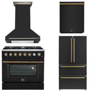 FORNO Appliance Package - 36" Gas Range, Range Hood, 36" Refrigerator, Dishwasher in Black with Antique Brass Accents