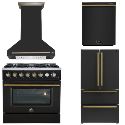 FORNO Appliance Package - 36" Gas Range, Range Hood, 36" Refrigerator, Dishwasher in Black with Antique Brass Accents
