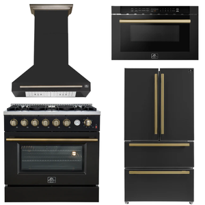 FORNO Appliance Package - 36" Gas Range, Range Hood, 36" Refrigerator, Microwave in Black with Antique Brass Accents