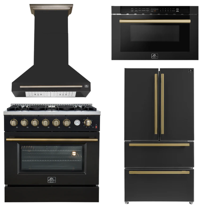 FORNO Appliance Package - 36" Gas Range, Range Hood, 36" Refrigerator, Microwave in Black with Antique Brass Accents