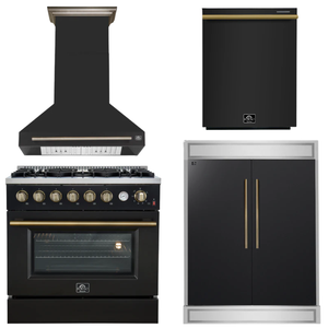 FORNO Appliance Package - 36" Gas Range, Range Hood, 60" Refrigerator, Dishwasher in Black with Antique Brass Accents