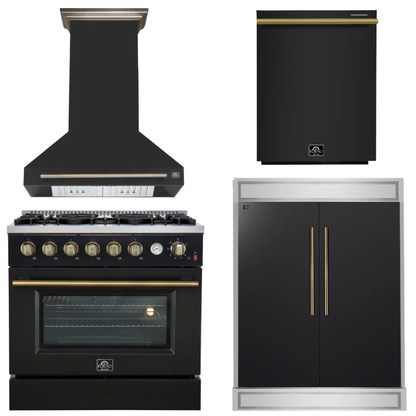 FORNO Appliance Package - 36" Gas Range, Range Hood, 60" Refrigerator, Dishwasher in Black with Antique Brass Accents