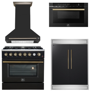 FORNO Appliance Package - 36" Gas Range, Range Hood, 60" Refrigerator, Microwave in Black with Antique Brass Accents