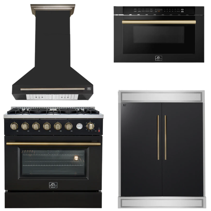 FORNO Appliance Package - 36" Gas Range, Range Hood, 60" Refrigerator, Microwave in Black with Antique Brass Accents