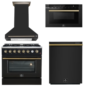 FORNO Appliance Package - 36" Gas Range, Range Hood, Dishwasher, Microwave in Black with Antique Brass Accents
