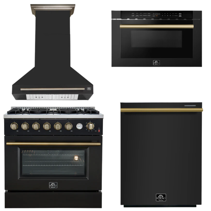 FORNO Appliance Package - 36" Gas Range, Range Hood, Dishwasher, Microwave in Black with Antique Brass Accents