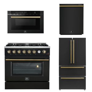 FORNO Appliance Package - 36" Gas Range, 36" Refrigerator, Dishwasher, Microwave in Black with Antique Brass Accents