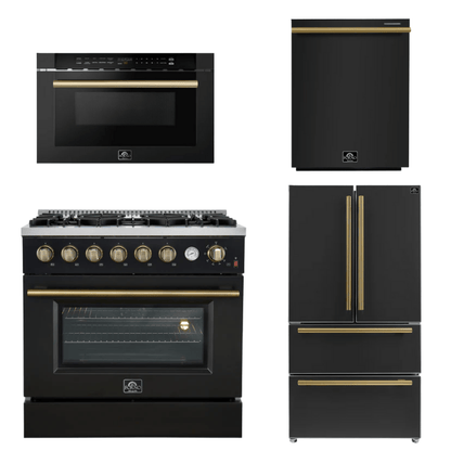 FORNO Appliance Package - 36" Gas Range, 36" Refrigerator, Dishwasher, Microwave in Black with Antique Brass Accents