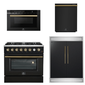FORNO Appliance Package - 36" Gas Range, 60" Refrigerator, Dishwasher, Microwave in Black with Antique Brass Accents
