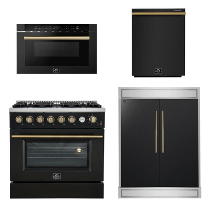 FORNO Appliance Package - 36" Gas Range, 60" Refrigerator, Dishwasher, Microwave in Black with Antique Brass Accents