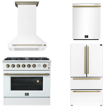 FORNO Appliance Package - 36" Gas Range, Range Hood, 36" Refrigerator, Dishwasher in White with Antique Brass Accents