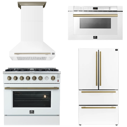 FORNO Appliance Package - 36" Gas Range, Range Hood, 36" Refrigerator, Microwave in White with Antique Brass Accents