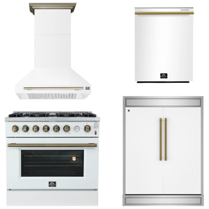 FORNO Appliance Package - 36" Gas Range, Range Hood, 60" Refrigerator, Dishwasher in White with Antique Brass Accents