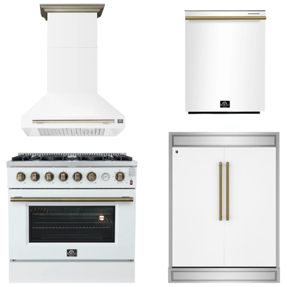 FORNO Appliance Package - 36" Gas Range, Range Hood, 60" Refrigerator, Dishwasher in White with Antique Brass Accents