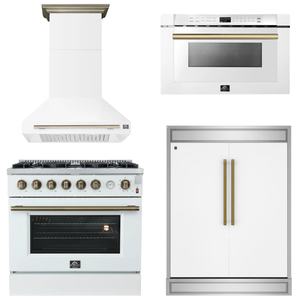 FORNO Appliance Package - 36" Gas Range, Range Hood, 60" Refrigerator, Microwave in White with Antique Brass Accents